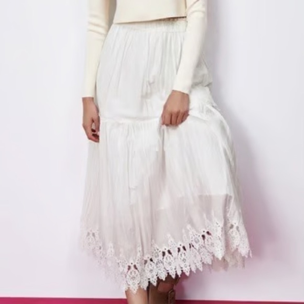 Zara NWT White crochet midi Maxi Skirt Lace Hem XS